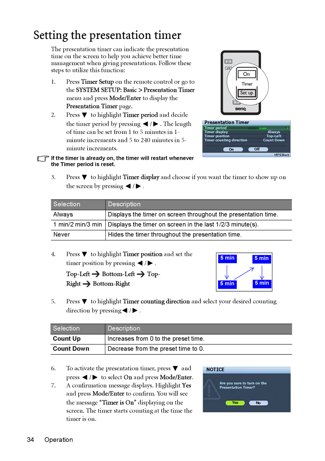 BenQ cp270 user manual Setting the presentation timer, Top-Left Bottom-Left Top- Right Bottom-Right 