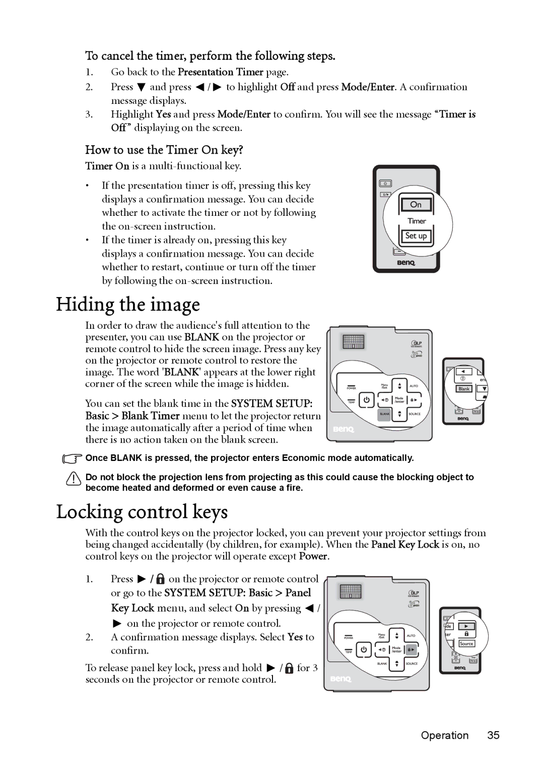 BenQ cp270 user manual Hiding the image, Locking control keys, To cancel the timer, perform the following steps 