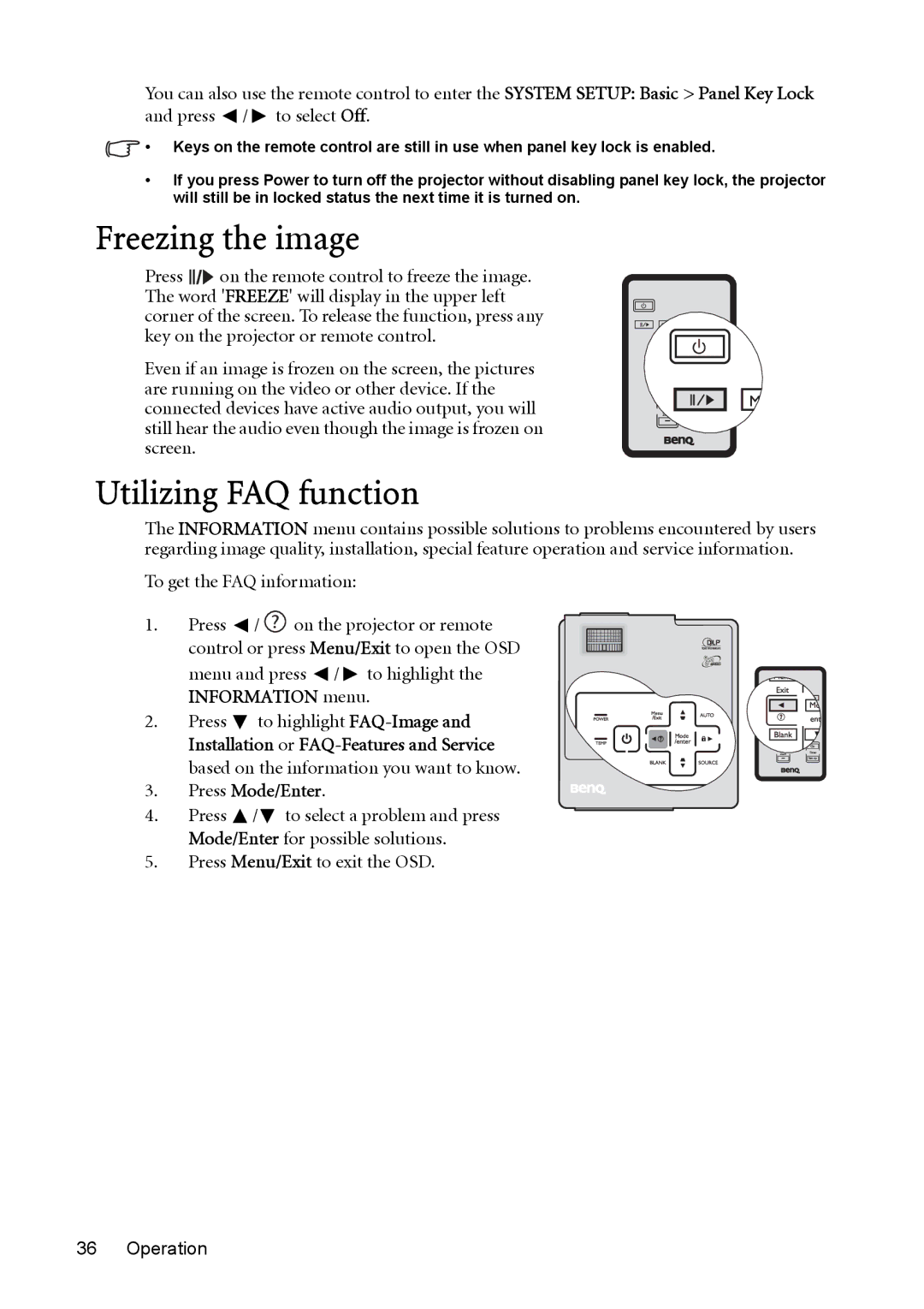 BenQ cp270 Freezing the image, Utilizing FAQ function, Information menu, Press Menu/Exit to exit the OSD Operation 