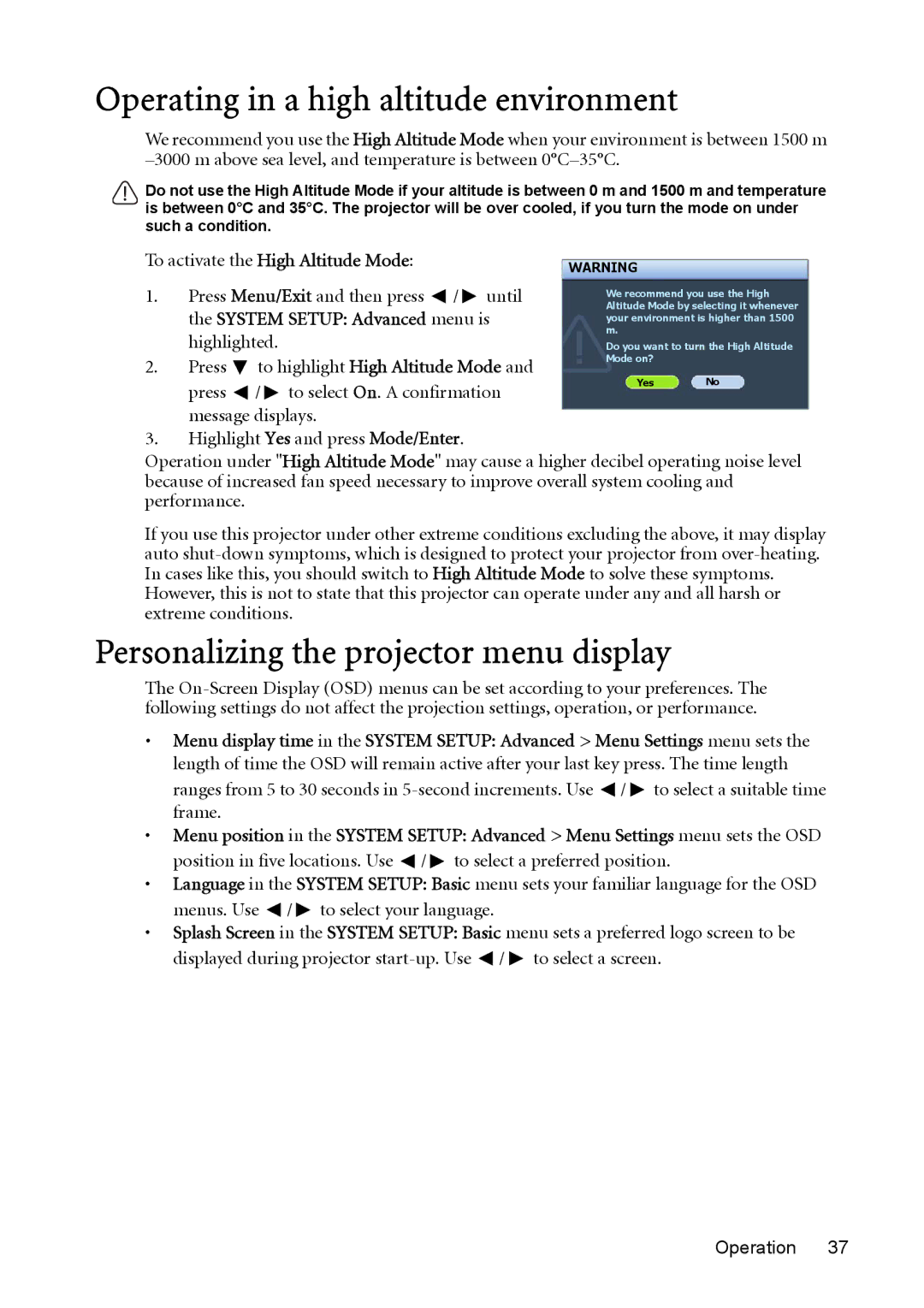 BenQ cp270 user manual Operating in a high altitude environment, Personalizing the projector menu display 