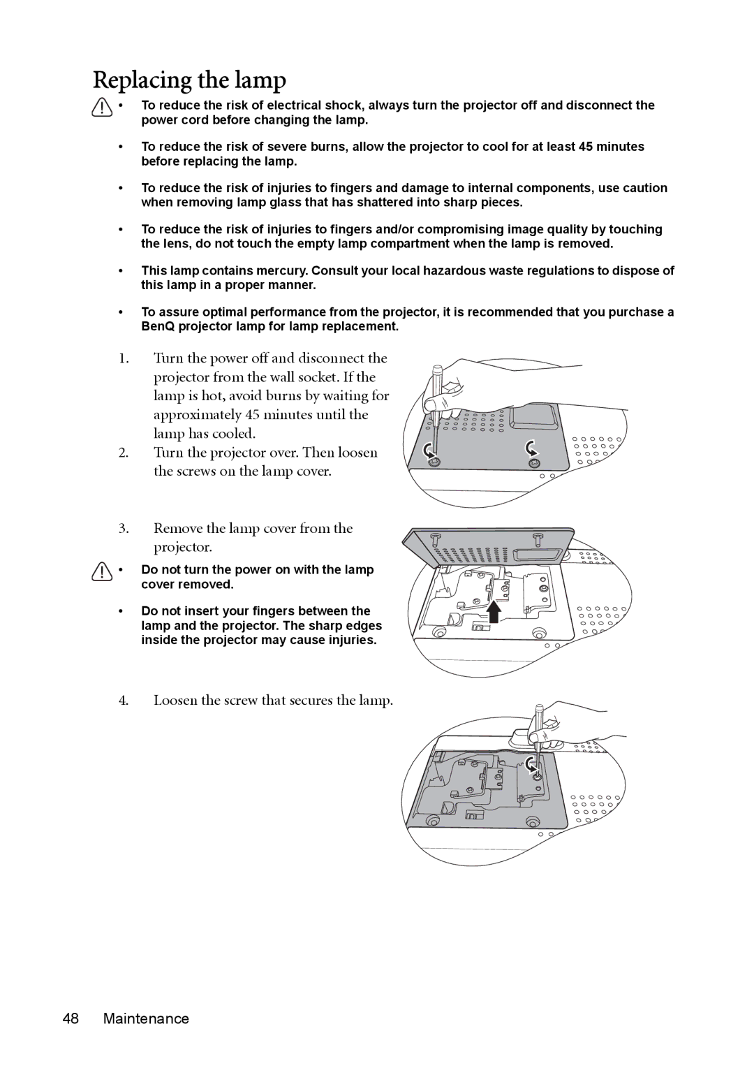 BenQ cp270 user manual Replacing the lamp, Loosen the screw that secures the lamp Maintenance 