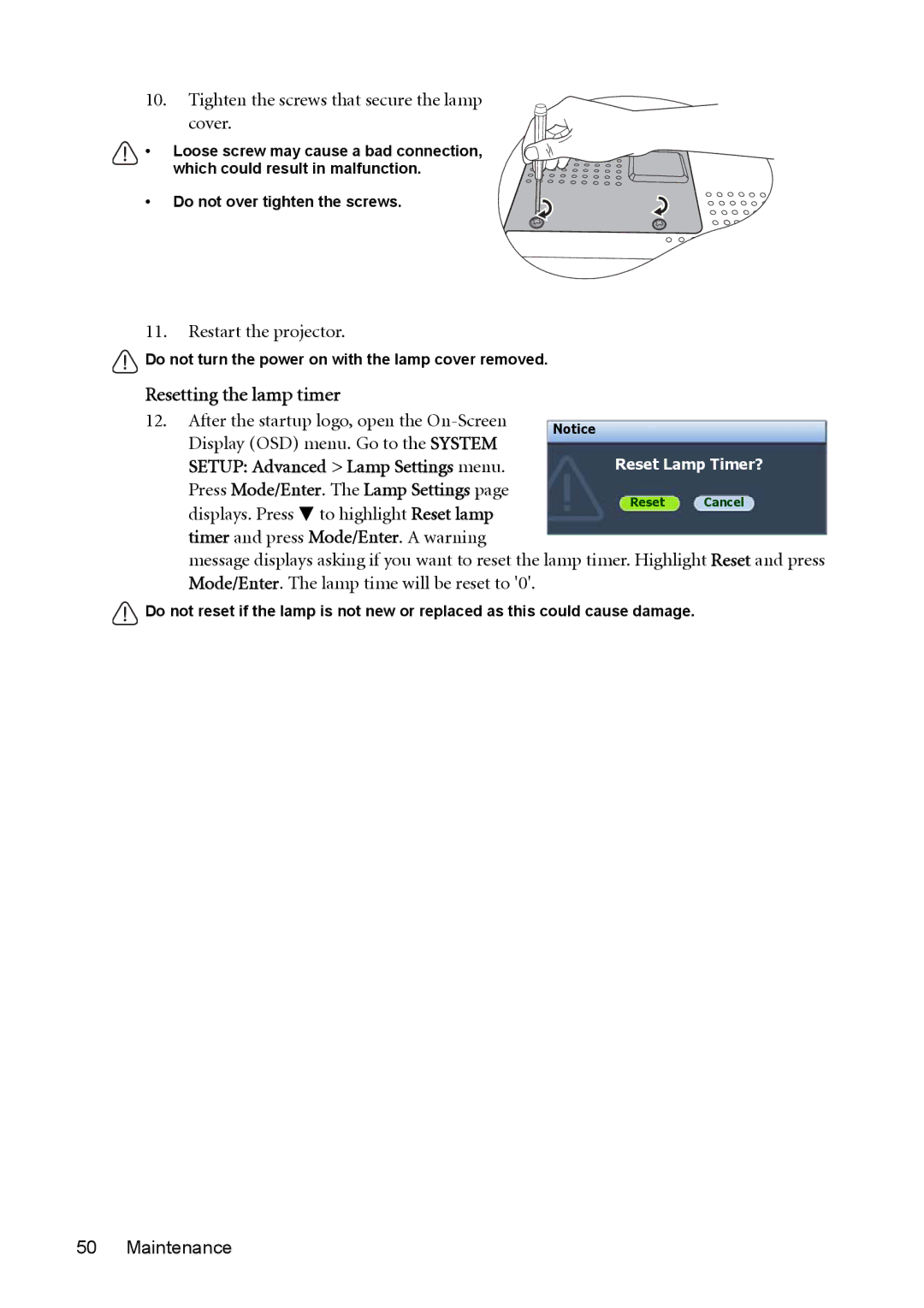 BenQ cp270 user manual Resetting the lamp timer, Tighten the screws that secure the lamp Cover, Restart the projector 