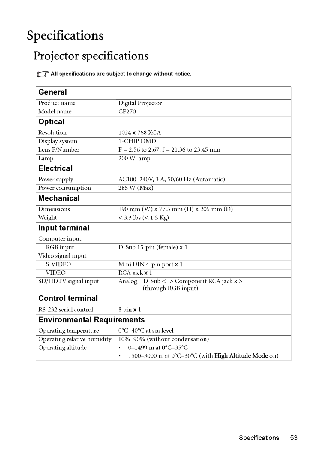 BenQ cp270 user manual Specifications, Projector specifications 