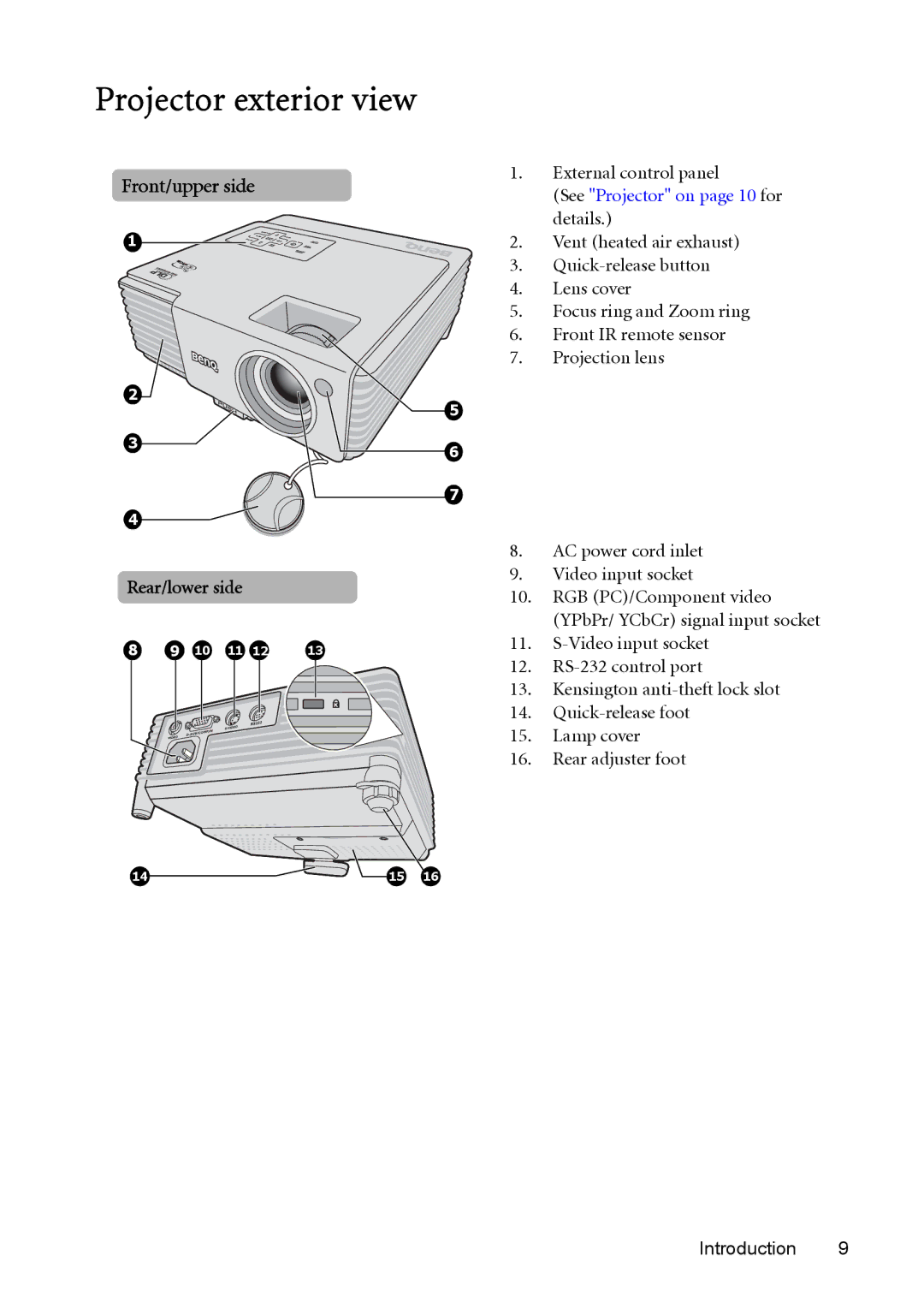 BenQ cp270 user manual Projector exterior view, Front/upper side 