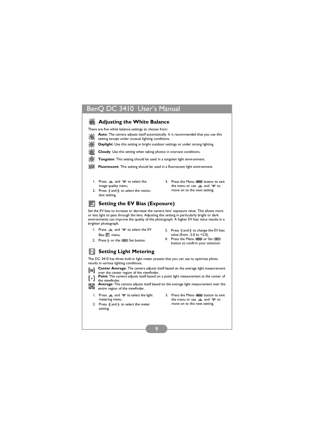 BenQ DC 3410 user manual Adjusting the White Balance, Setting the EV Bias Exposure, Setting Light Metering 