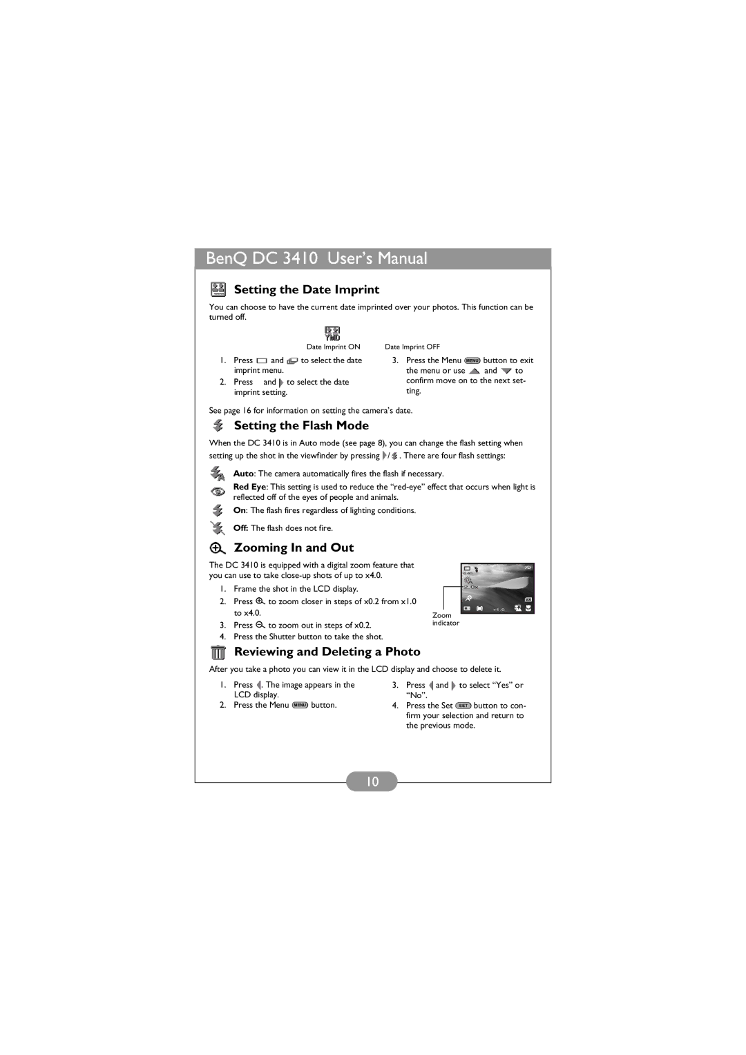 BenQ DC 3410 Setting the Date Imprint, Setting the Flash Mode, Zooming In and Out, Reviewing and Deleting a Photo 