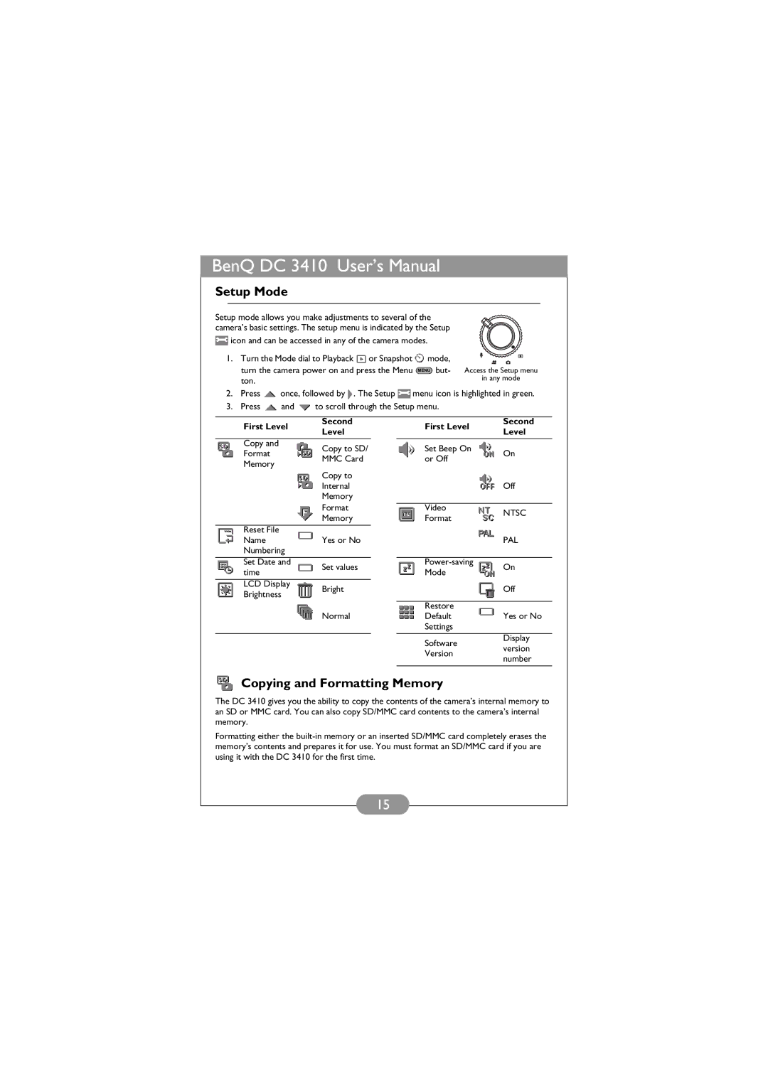 BenQ DC 3410 user manual Setup Mode, Copying and Formatting Memory 