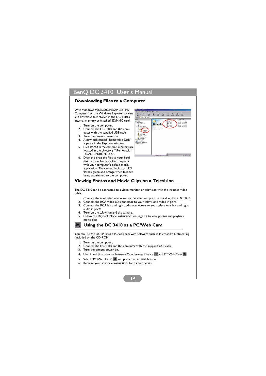 BenQ DC 3410 user manual Downloading Files to a Computer, Viewing Photos and Movie Clips on a Television 