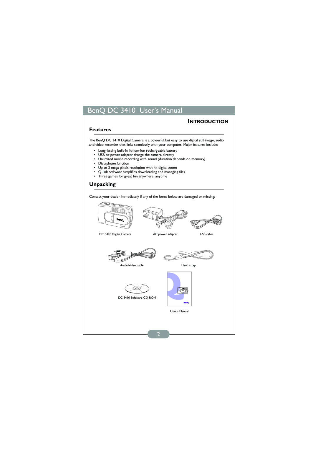 BenQ DC 3410 user manual Features, Unpacking 