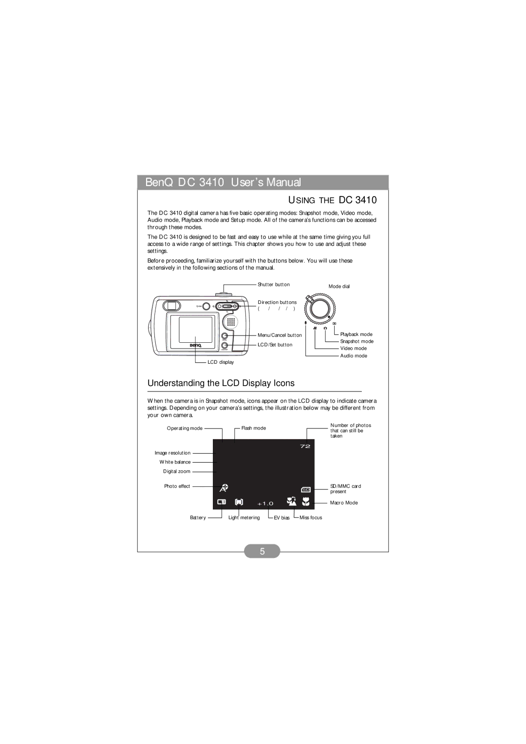 BenQ DC 3410 user manual Understanding the LCD Display Icons, Using the DC 