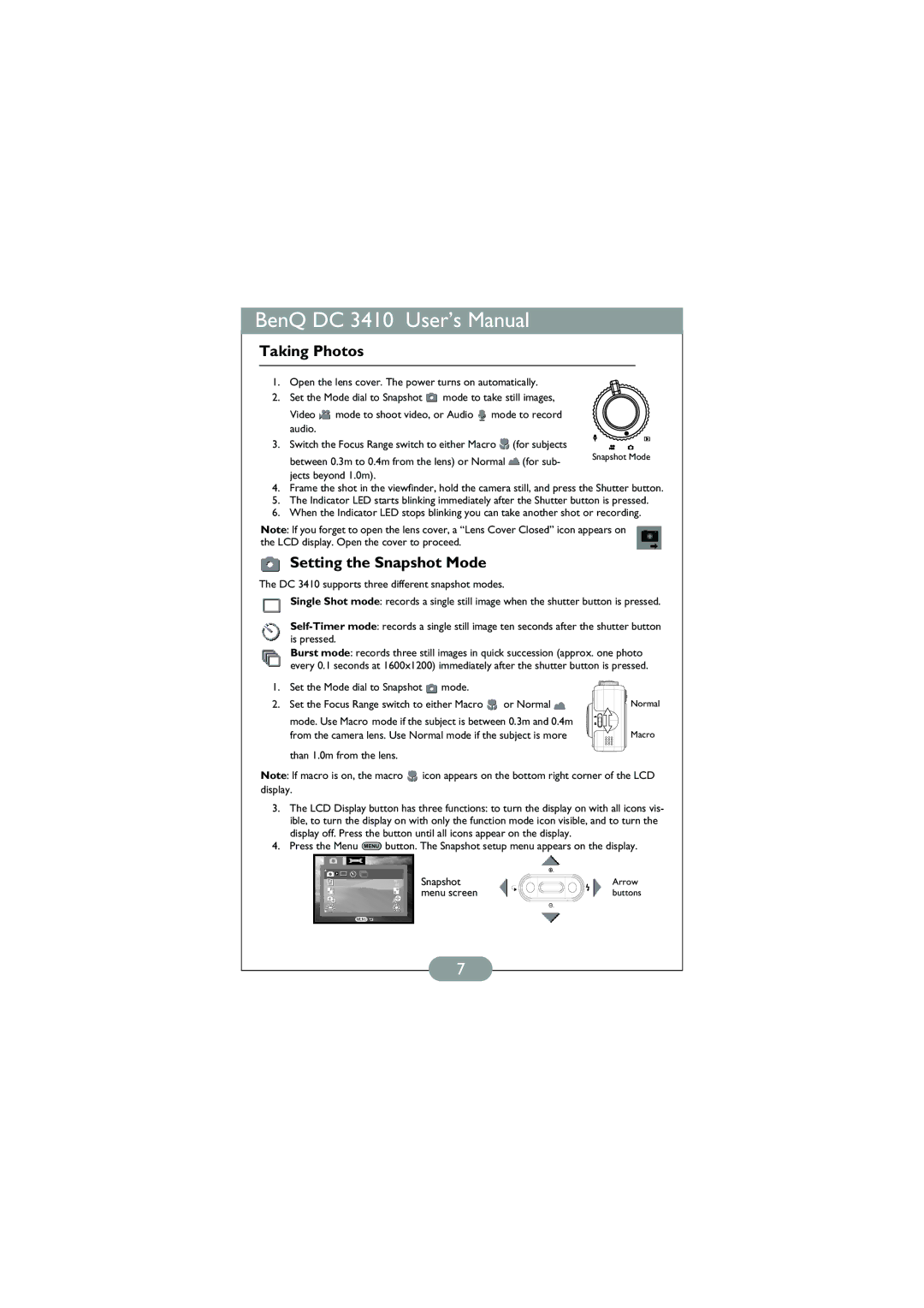 BenQ DC 3410 user manual Taking Photos, Setting the Snapshot Mode 