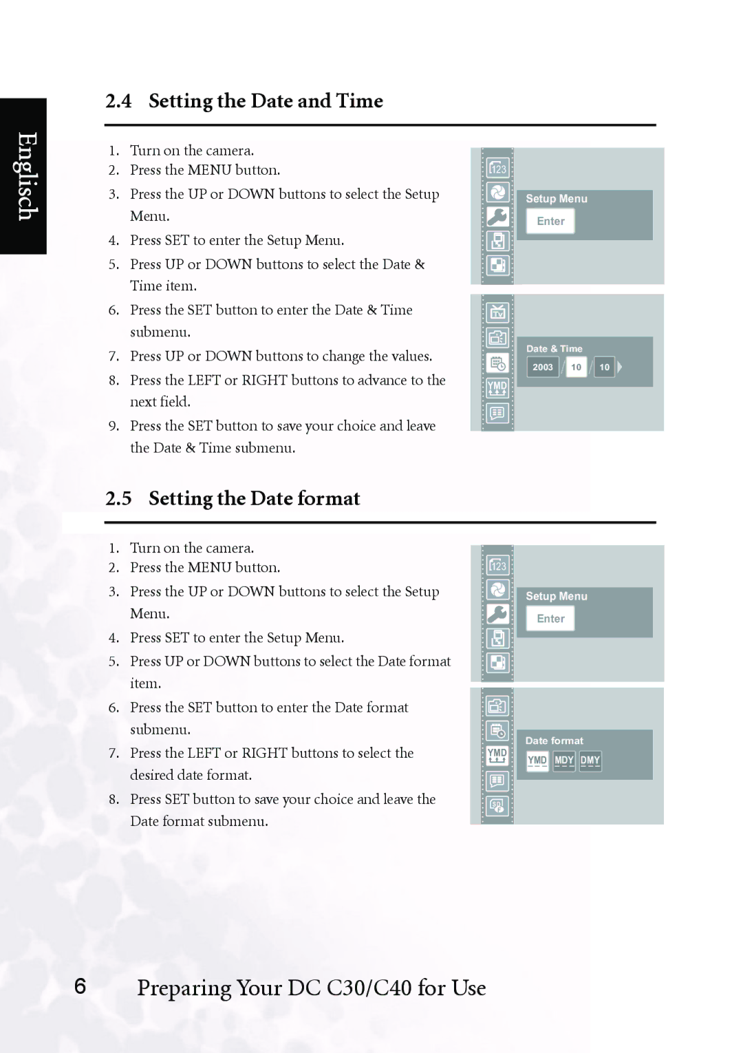 BenQ DC C40, DC C30 user manual Setting the Date and Time, Setting the Date format 