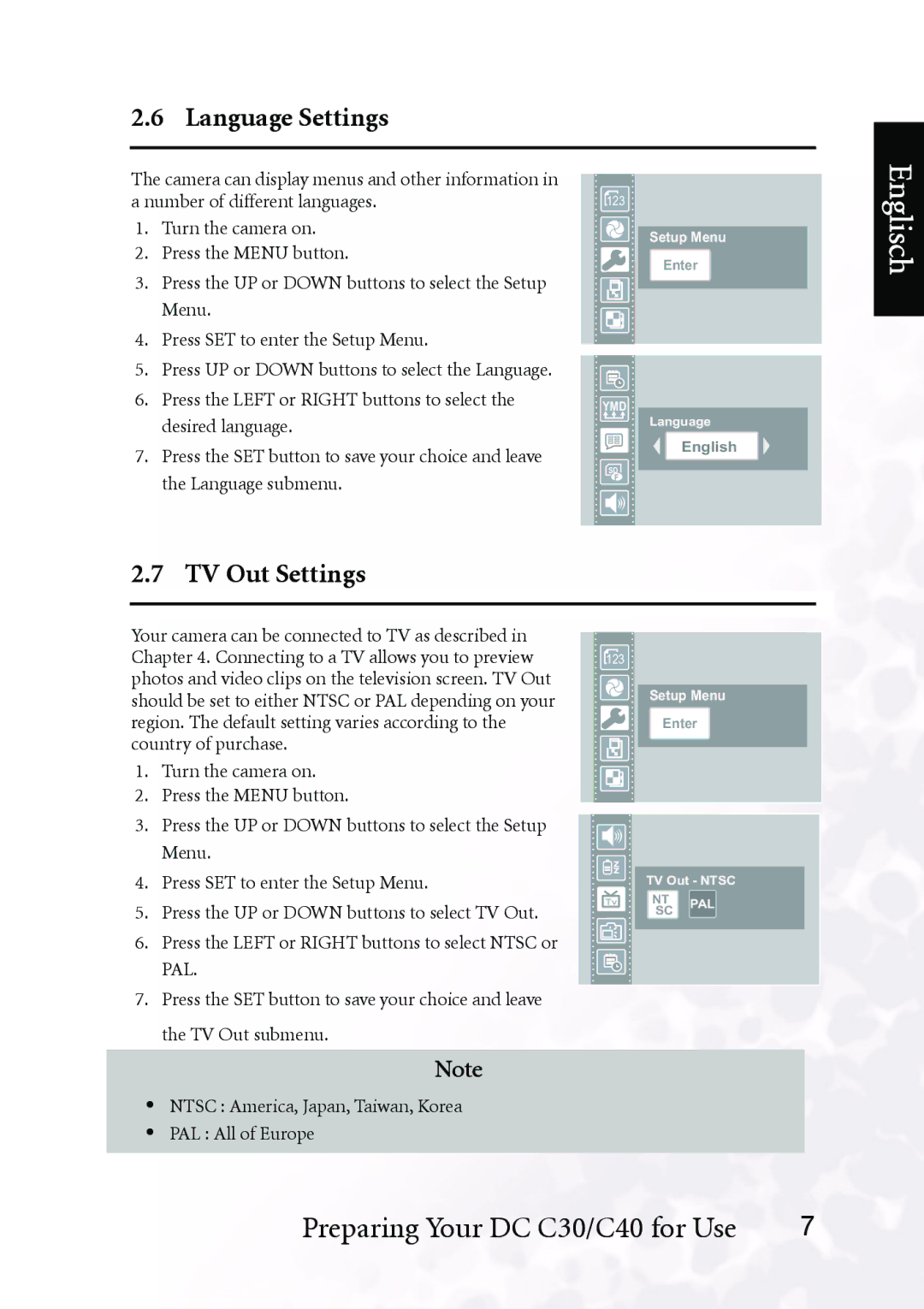 BenQ DC C30, DC C40 user manual Language Settings, TV Out Settings 