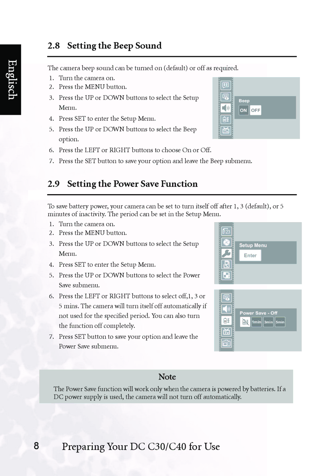 BenQ DC C40, DC C30 user manual Setting the Beep Sound, Setting the Power Save Function 