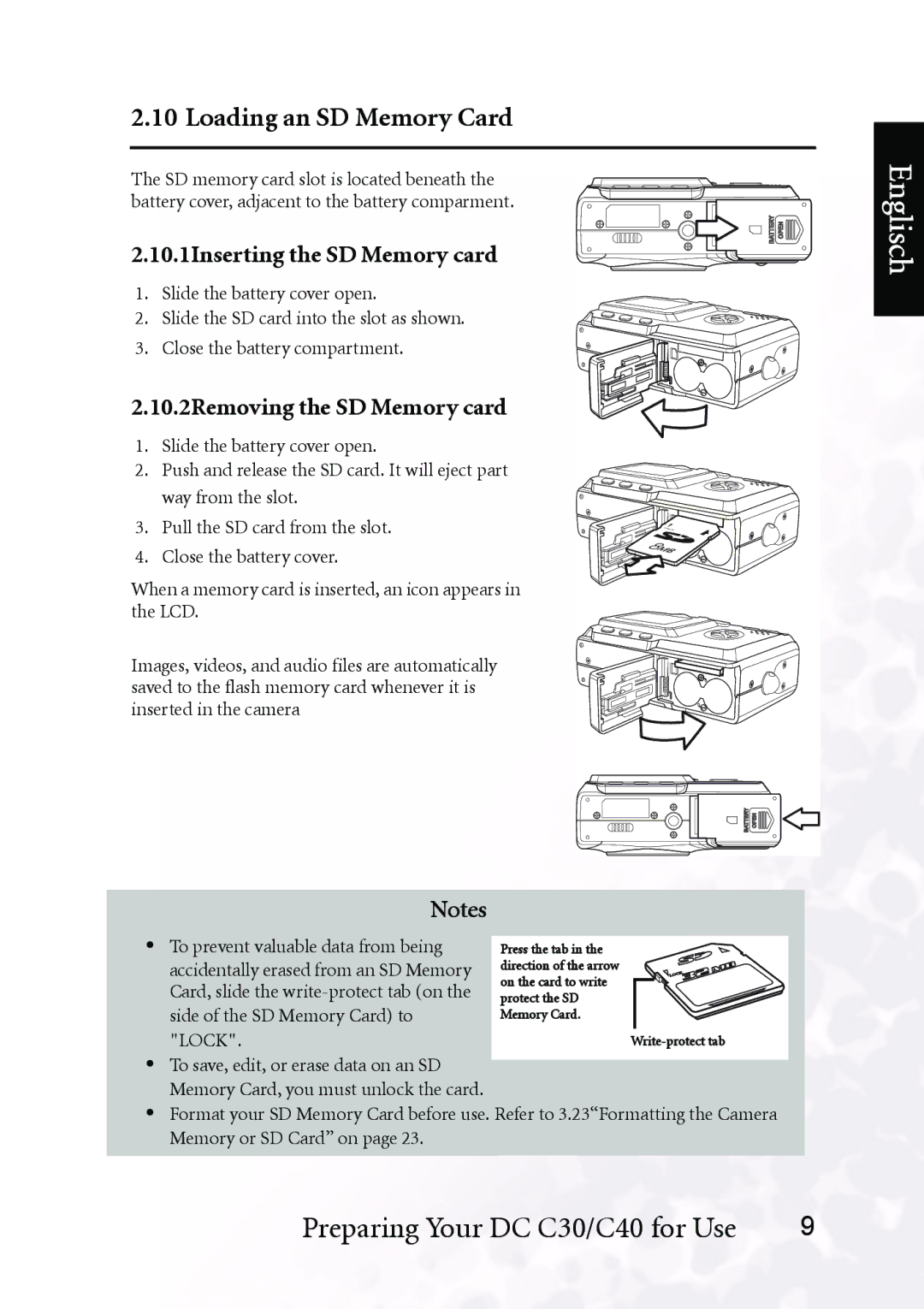 BenQ DC C30, DC C40 user manual Loading an SD Memory Card, 10.1Inserting the SD Memory card, 10.2Removing the SD Memory card 