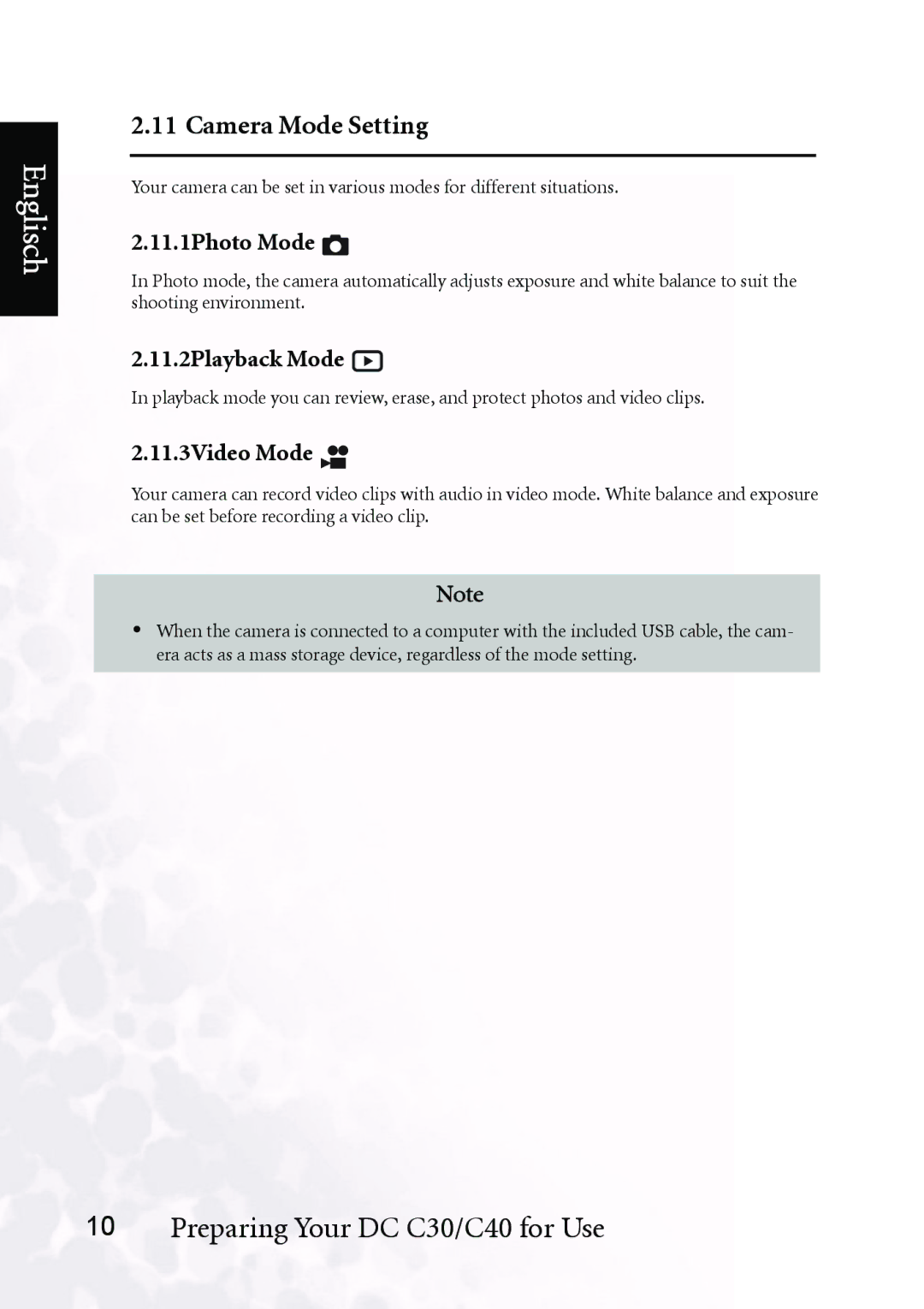 BenQ DC C40, DC C30 user manual Camera Mode Setting, 11.1Photo Mode, 11.2Playback Mode, 11.3Video Mode 