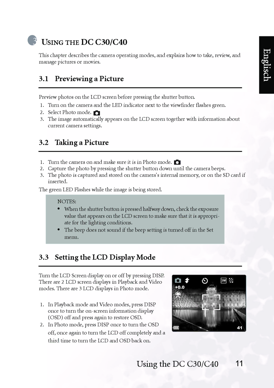 BenQ DC C30, DC C40 user manual Previewing a Picture, Taking a Picture, Setting the LCD Display Mode 