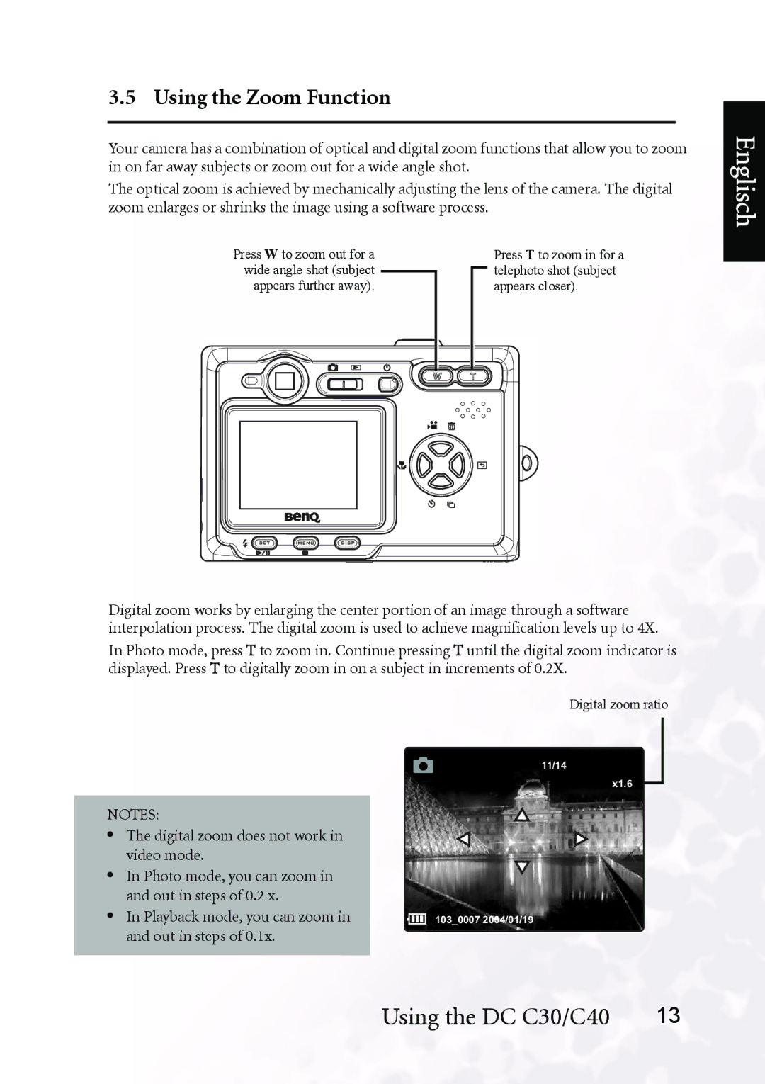 BenQ DC C30, DC C40 user manual Using the Zoom Function 