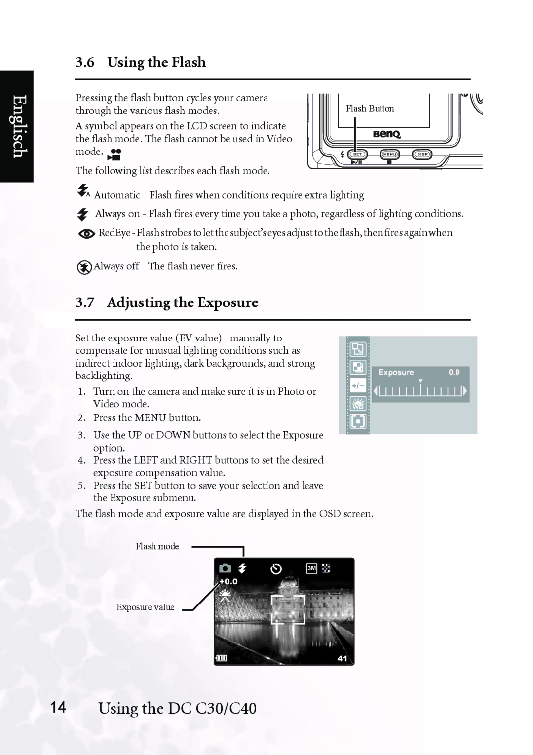 BenQ DC C40, DC C30 user manual Using the Flash, Adjusting the Exposure 