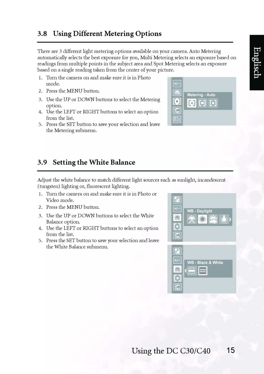 BenQ DC C30, DC C40 user manual Using Different Metering Options, Setting the White Balance 