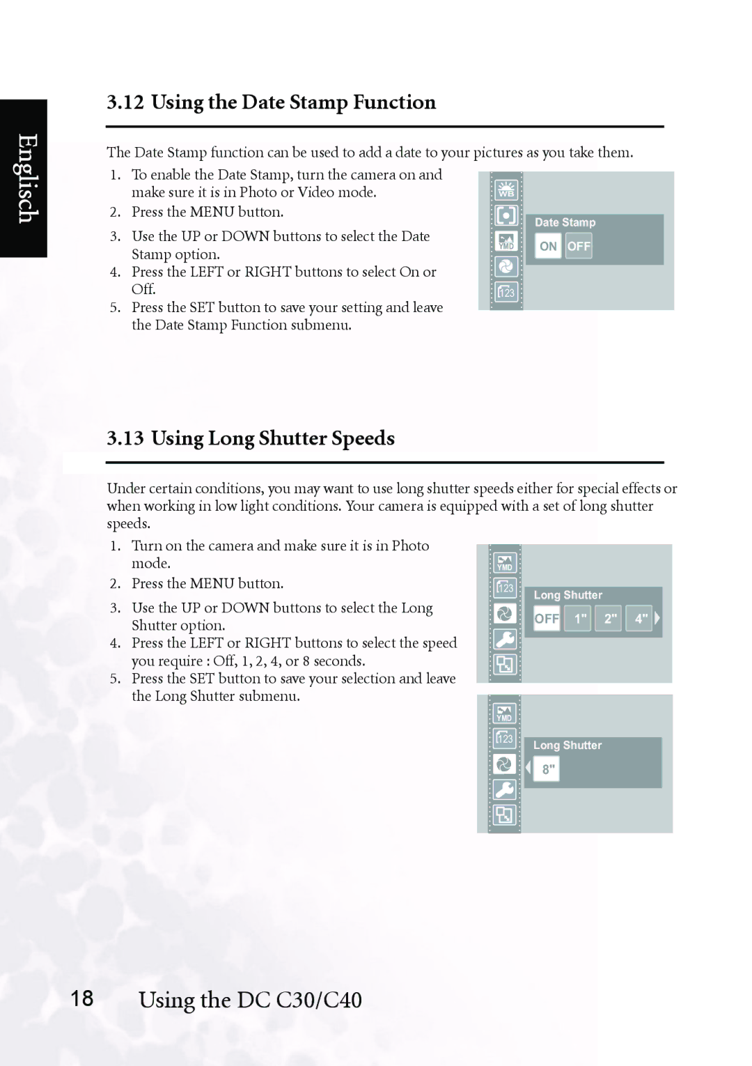 BenQ DC C40, DC C30 user manual Using the Date Stamp Function, Using Long Shutter Speeds 