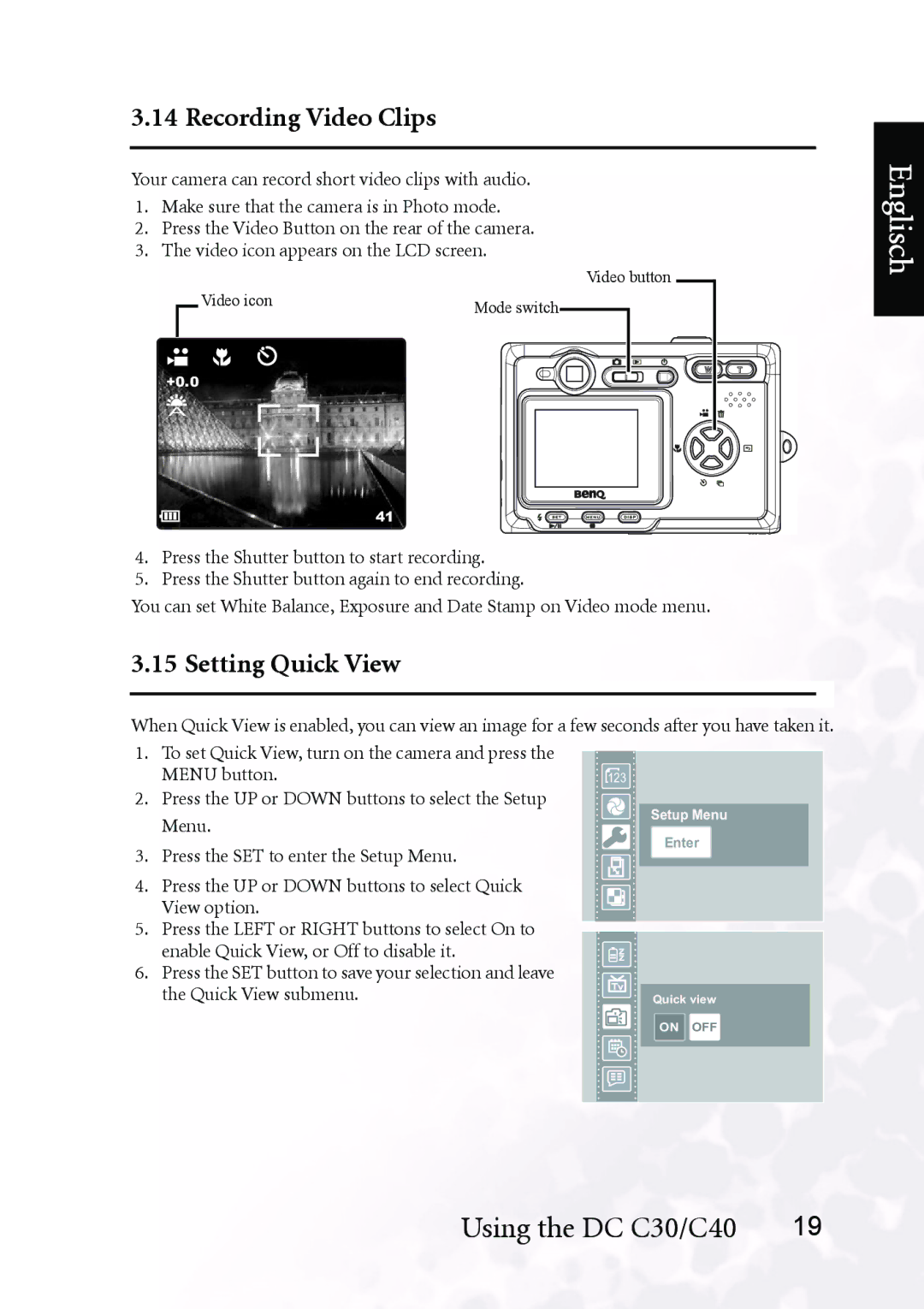 BenQ DC C30, DC C40 user manual Recording Video Clips, Setting Quick View 