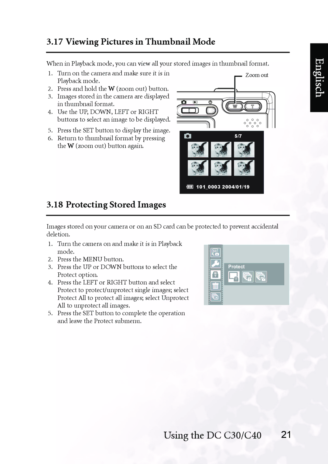 BenQ DC C30, DC C40 user manual Viewing Pictures in Thumbnail Mode, Protecting Stored Images 