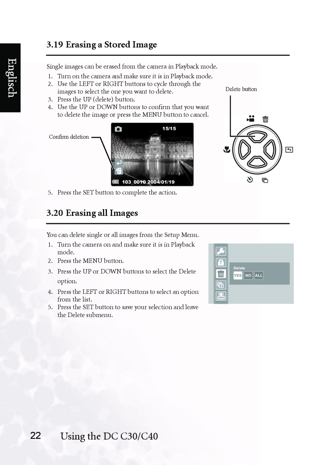 BenQ DC C40, DC C30 user manual Erasing a Stored Image, Erasing all Images 