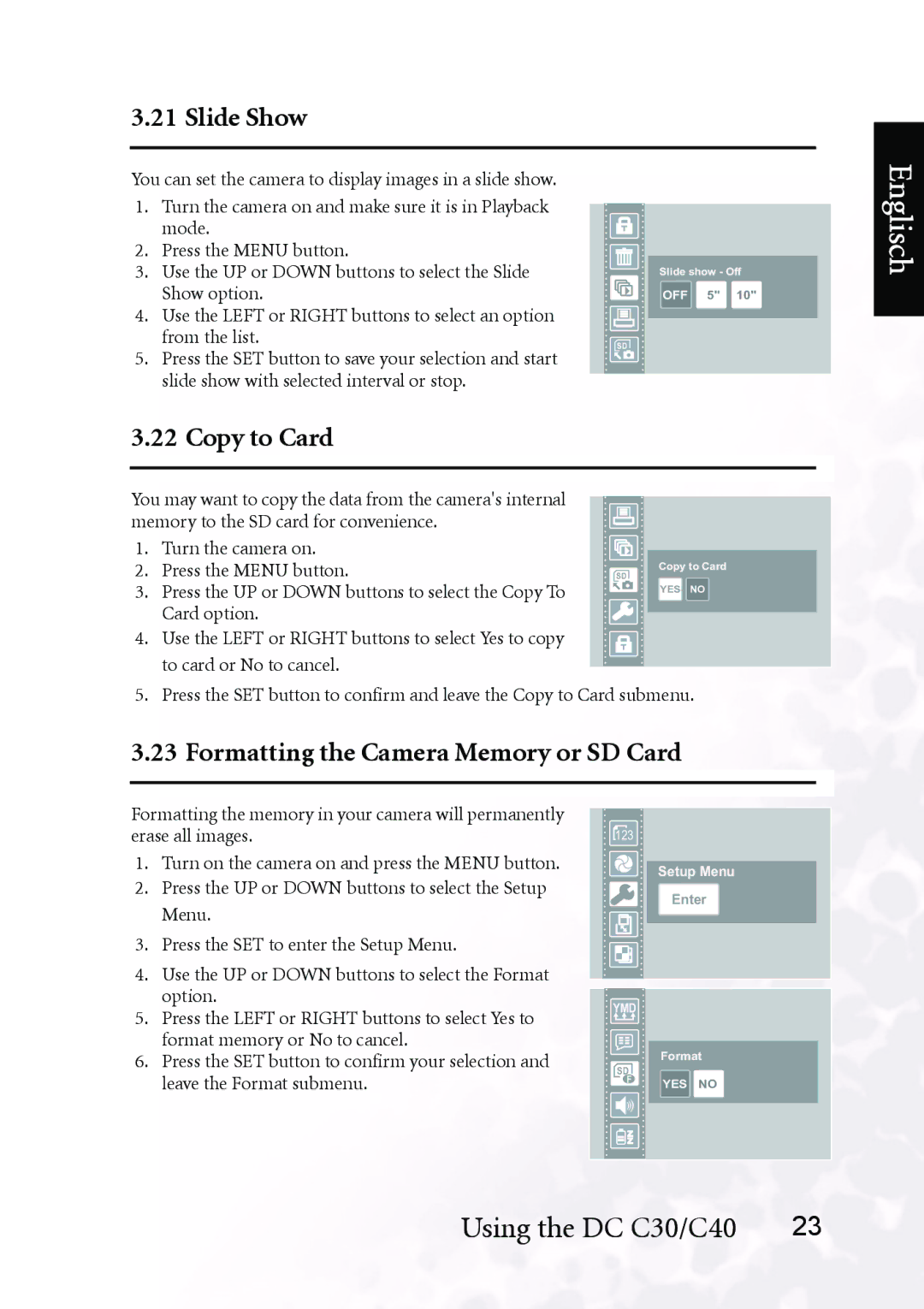 BenQ DC C30, DC C40 user manual Slide Show, Copy to Card, Formatting the Camera Memory or SD Card 