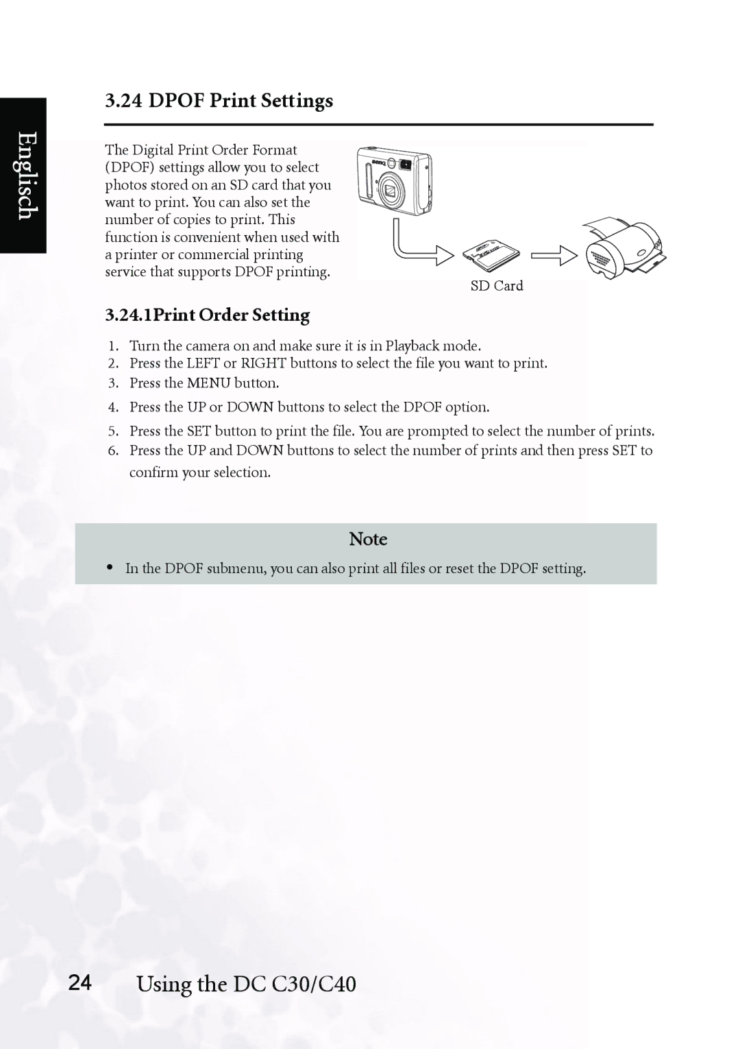 BenQ DC C40, DC C30 user manual Dpof Print Settings, 24.1Print Order Setting 