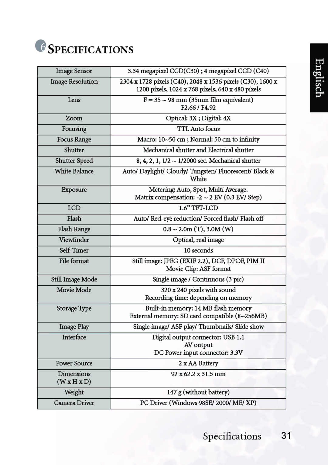 BenQ DC C30, DC C40 user manual Specifications 