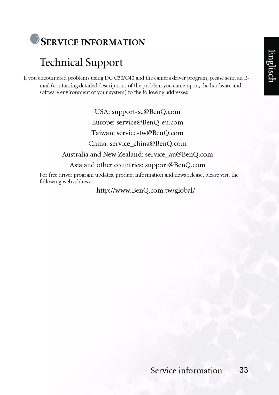 BenQ DC C30, DC C40 user manual Technical Support 