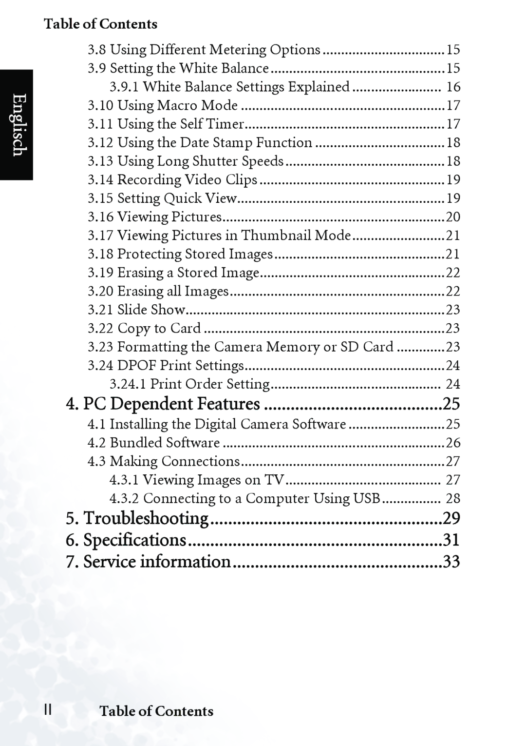 BenQ DC C40, DC C30 II Table of Contents, PC Dependent Features, Troubleshooting Specifications Service information 