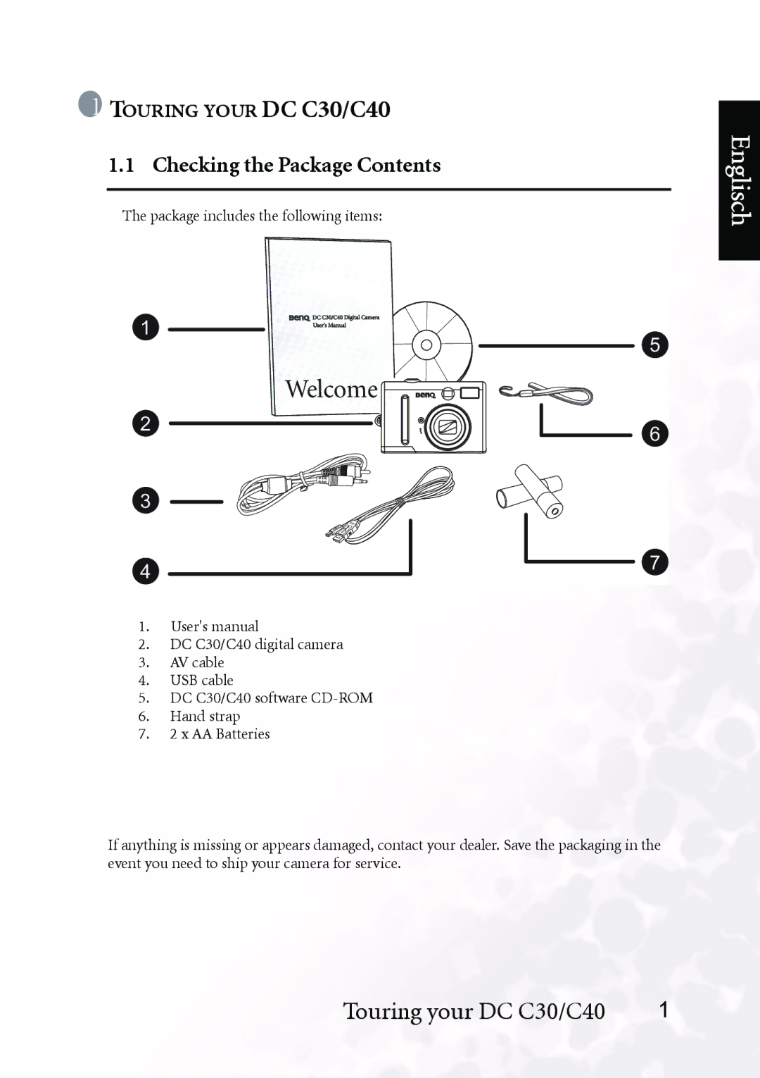 BenQ DC C40 user manual Touring Your DC C30/C40, Checking the Package Contents 