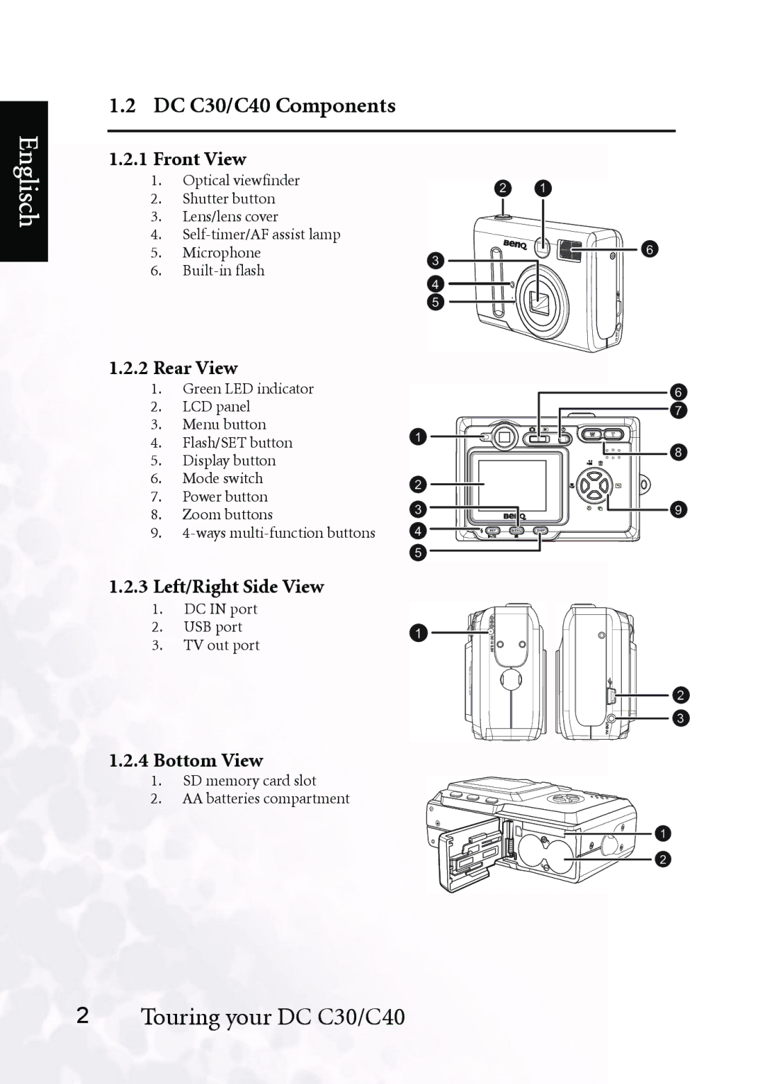 BenQ DC C40 user manual DC C30/C40 Components, Front View, Rear View, Left/Right Side View, Bottom View 