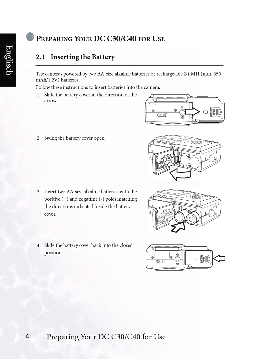 BenQ DC C40 user manual Preparing Your DC C30/C40 for Use, Inserting the Battery 