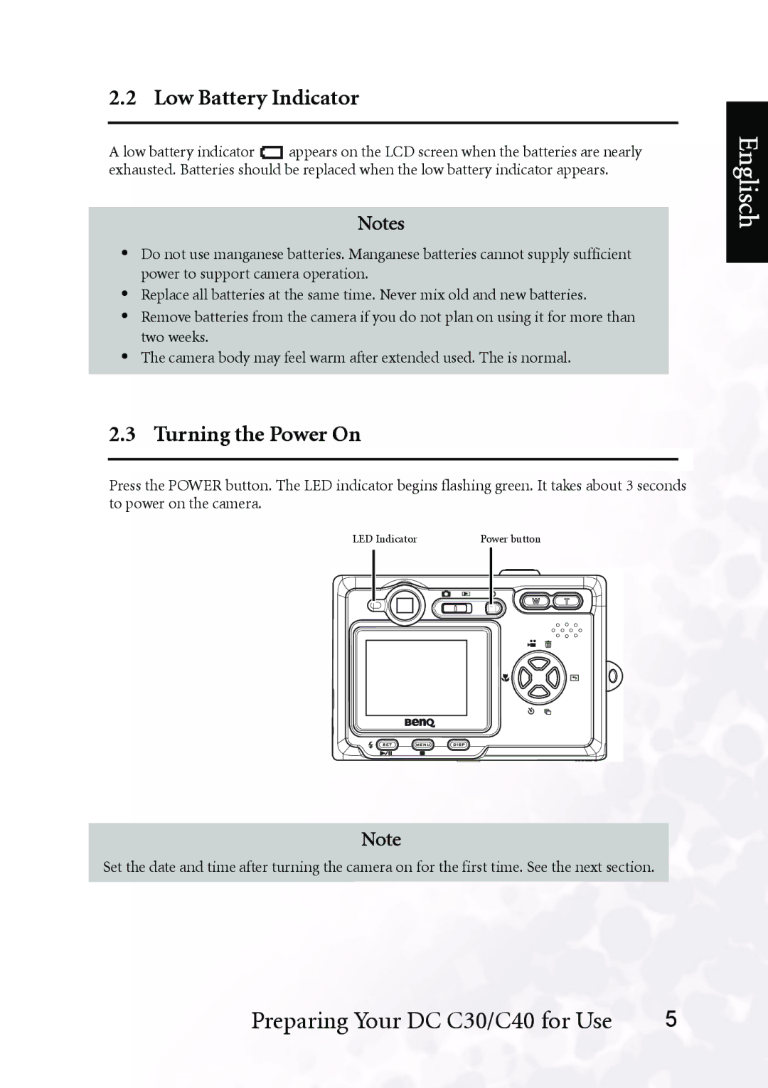 BenQ DC C30, DC C40 user manual Low Battery Indicator, Turning the Power On 