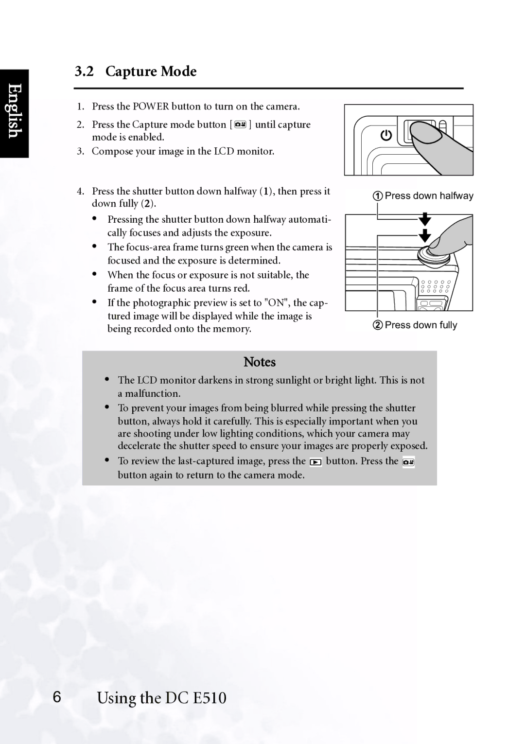 BenQ DC E510 user manual Capture Mode, Press down halfway Press down fully 