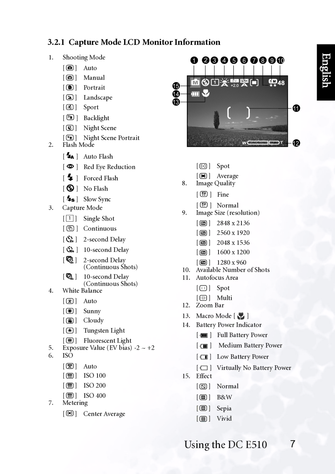 BenQ DC E510 user manual Capture Mode LCD Monitor Information, 3 4 5 6 7 8 9 