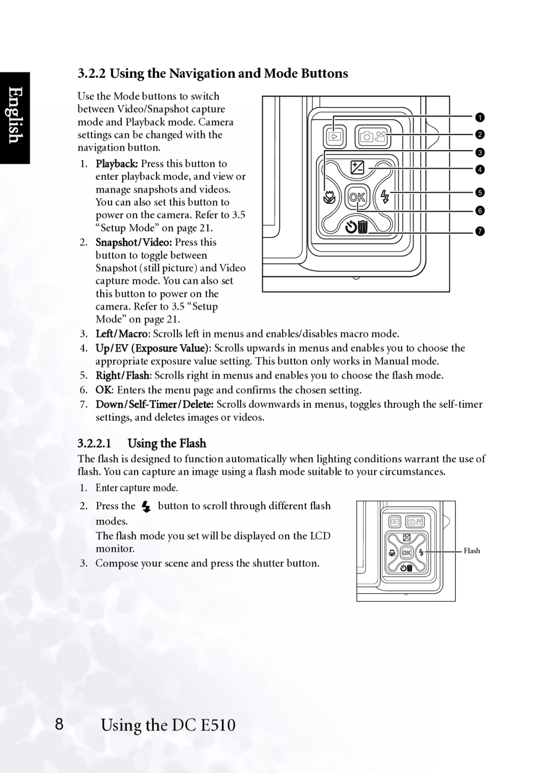 BenQ DC E510 user manual Using the Navigation and Mode Buttons, Using the Flash 