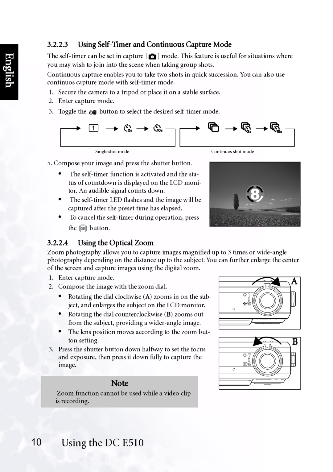 BenQ DC E510 user manual Using Self-Timer and Continuous Capture Mode, Using the Optical Zoom 