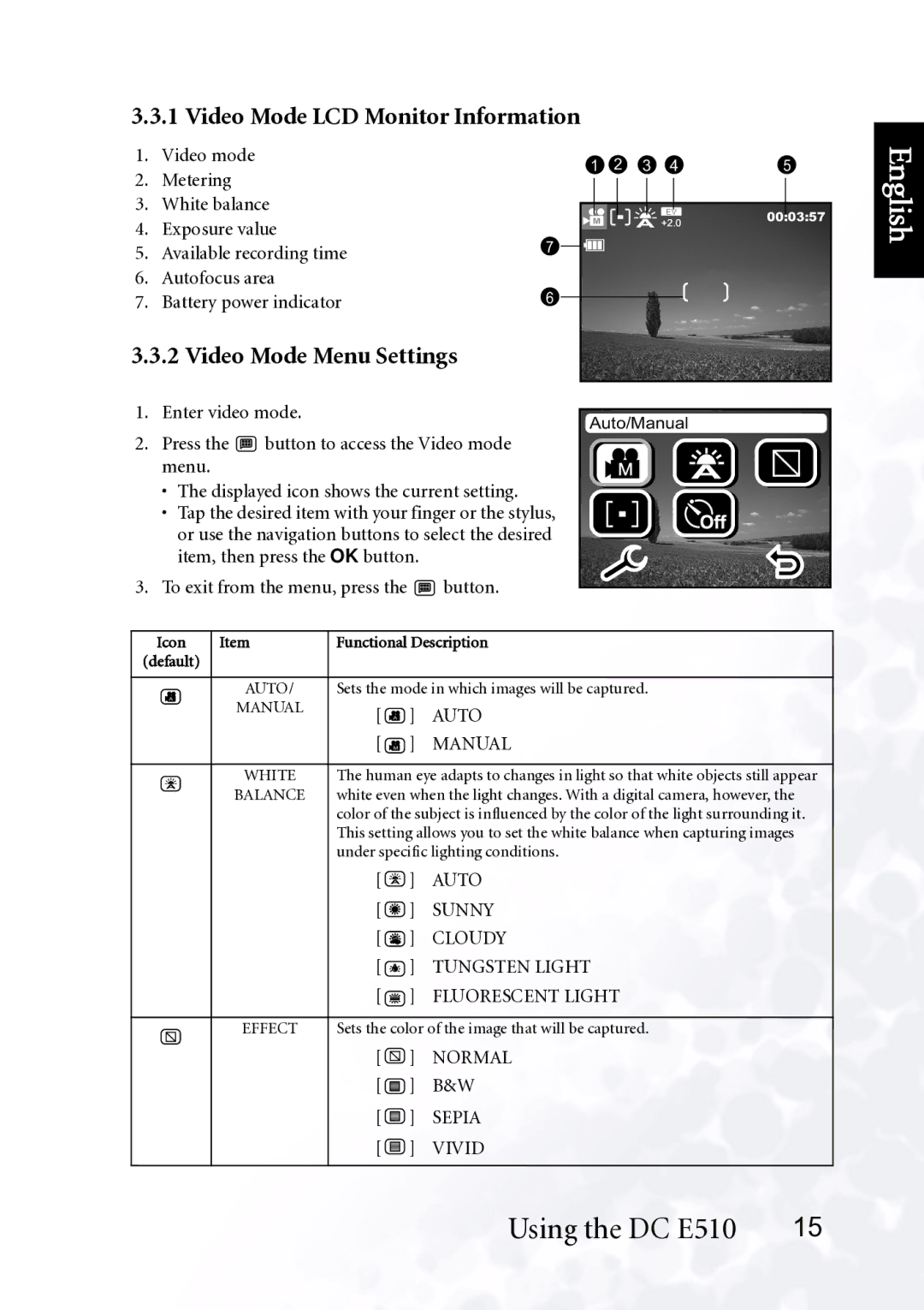 BenQ DC E510 user manual Video Mode LCD Monitor Information, Video Mode Menu Settings 