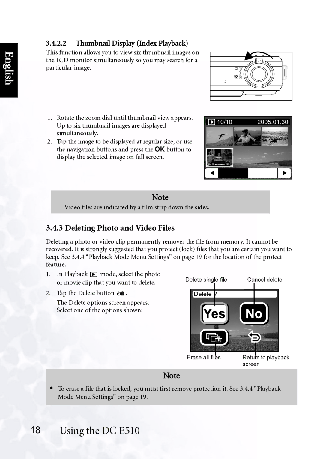 BenQ DC E510 user manual Deleting Photo and Video Files, Thumbnail Display Index Playback 