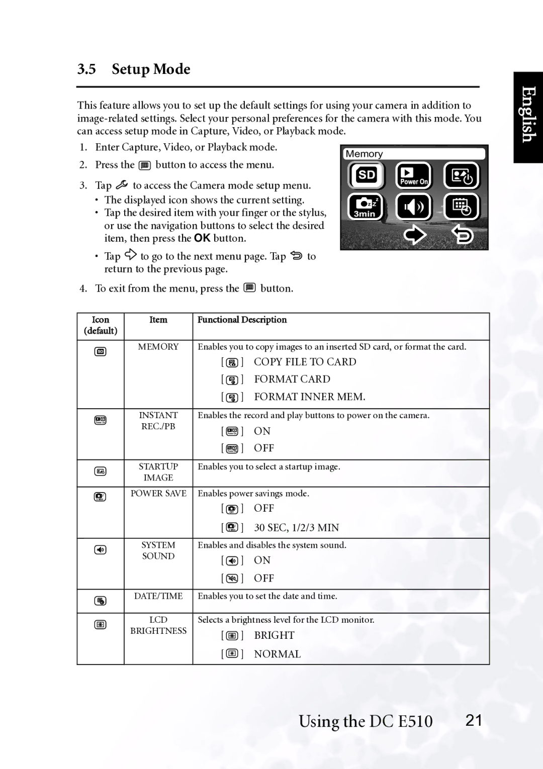 BenQ DC E510 user manual Setup Mode, Copy File to Card, Format Card, Format Inner MEM, Bright 