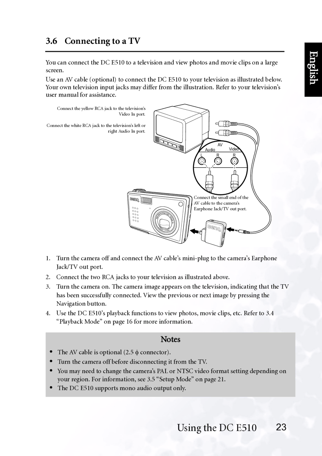 BenQ DC E510 user manual Connecting to a TV 