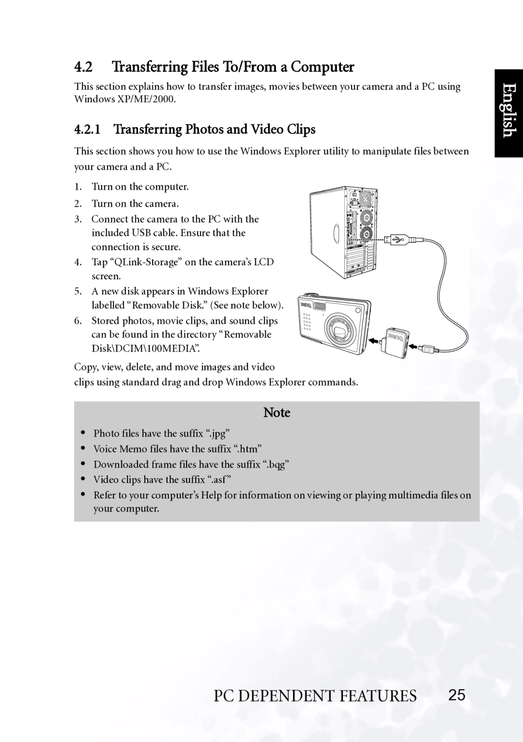 BenQ DC E510 user manual Transferring Files To/From a Computer, Transferring Photos and Video Clips 