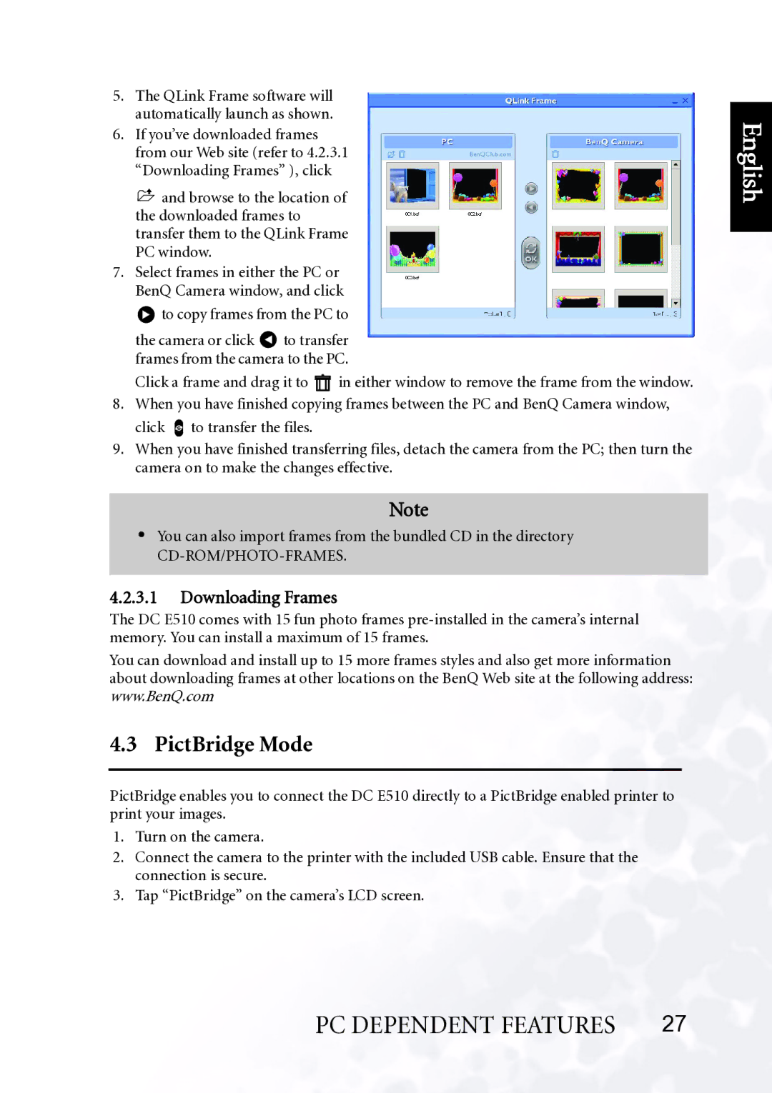 BenQ DC E510 user manual PictBridge Mode, Downloading Frames 