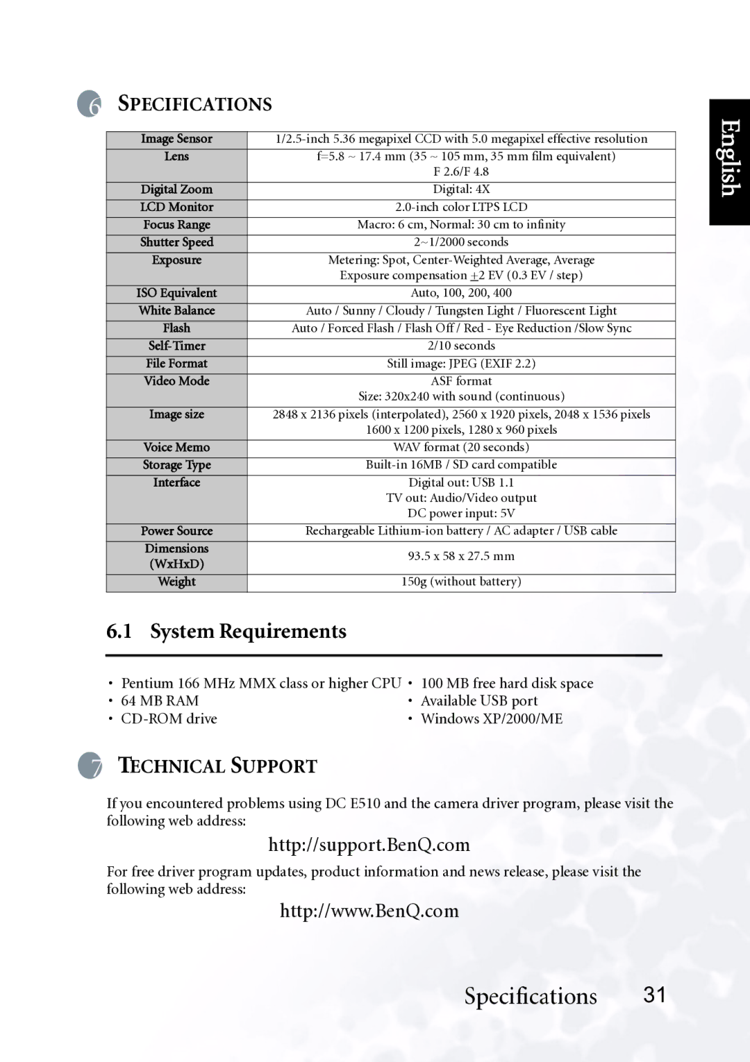 BenQ DC E510 user manual System Requirements, Specifications 