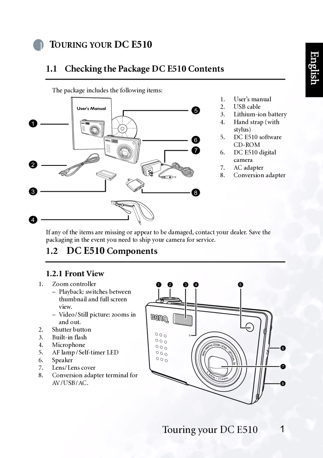 BenQ user manual Checking the Package DC E510 Contents, DC E510 Components 