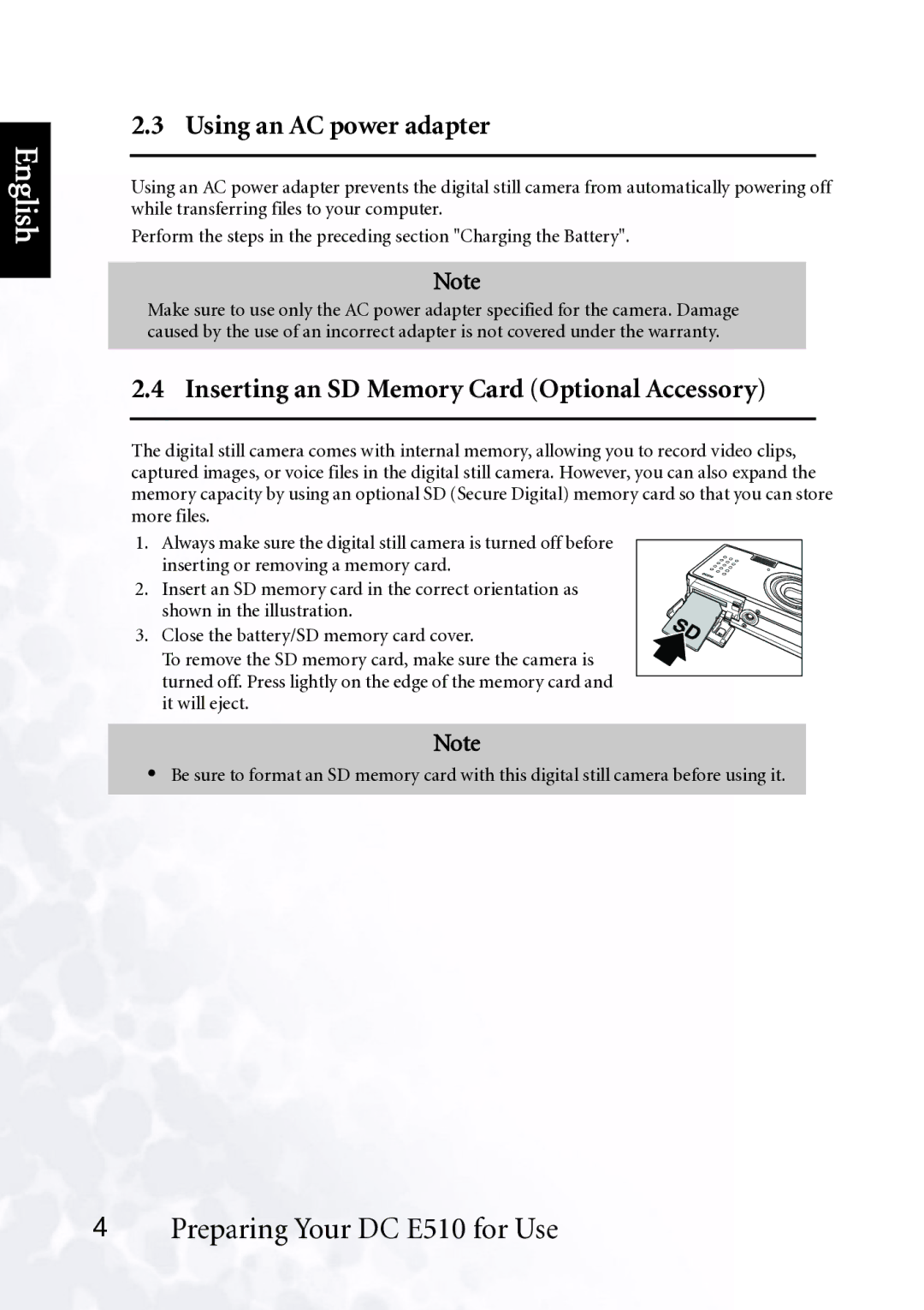 BenQ DC E510 user manual Using an AC power adapter, Inserting an SD Memory Card Optional Accessory 